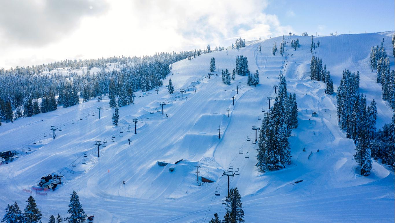 The lifts at Boreal, CA with groomed runs and terrain parks.