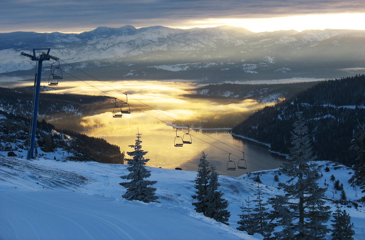 A lift at Donner Ski Ranch overlooking Donner Lake.
