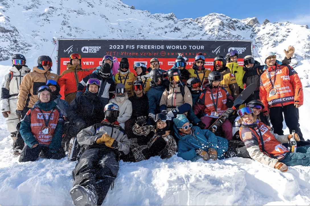 Freeride World Tour athletes pose for a picture at the end of their season.