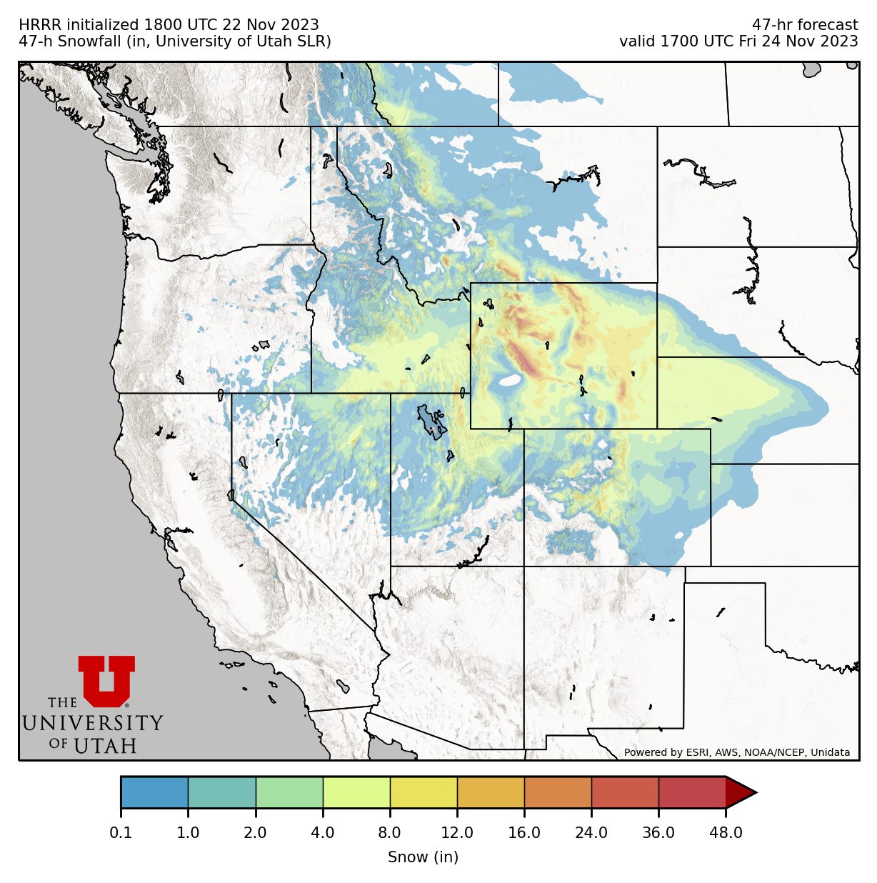 map of predicted snowfall in the western united states.