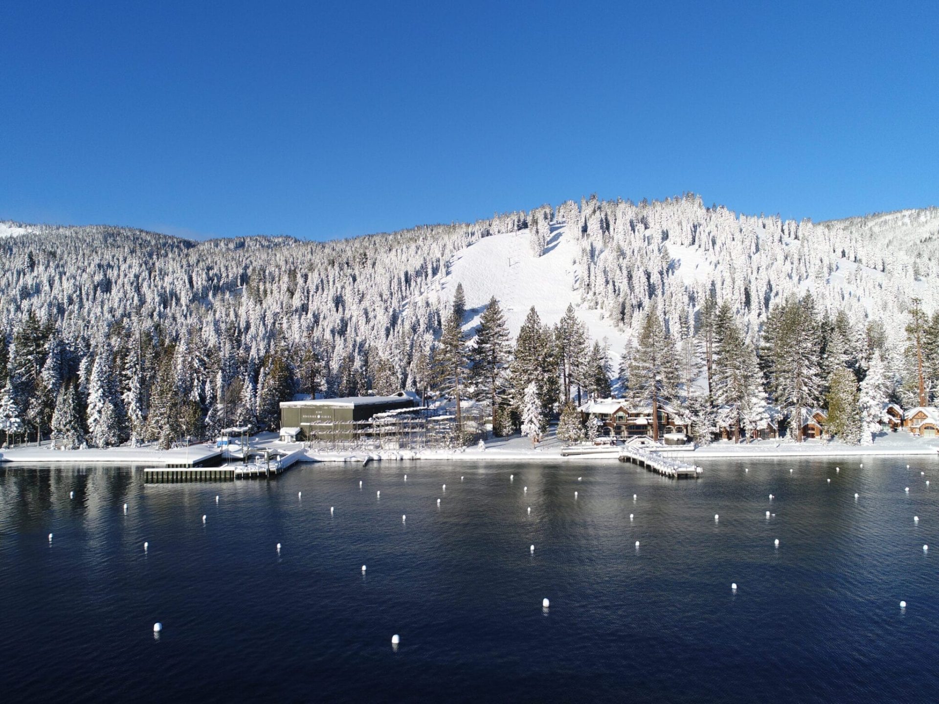 Homewood ski area rises up above Lake Tahoe.