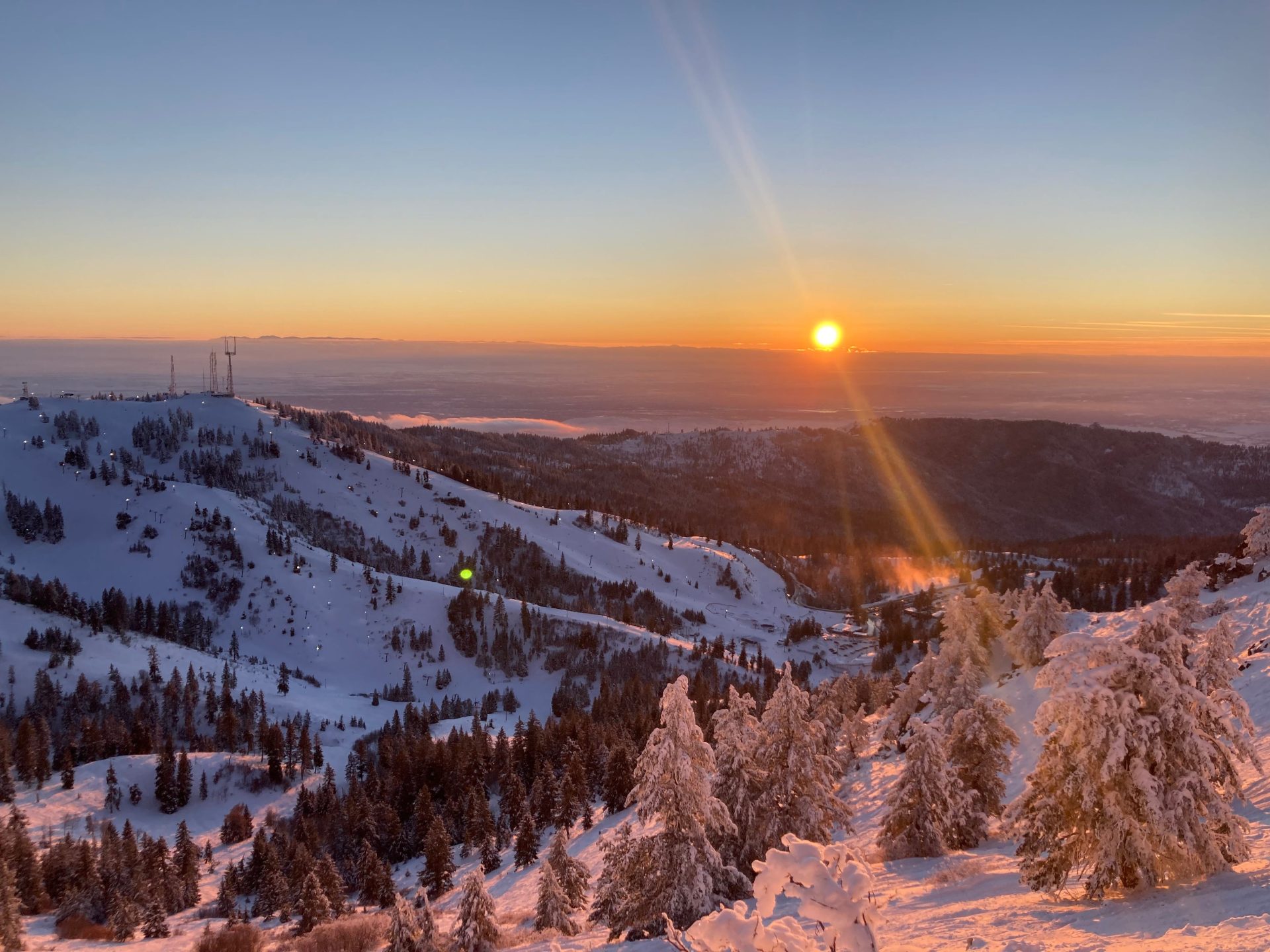 Sunset over Bogus Basin ski resort with views of Boise and the Treasure Valley.