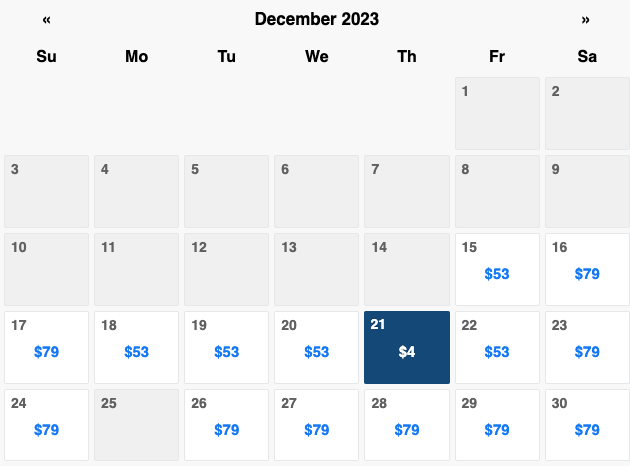 December Calendar showing ticket prices at King Pine.