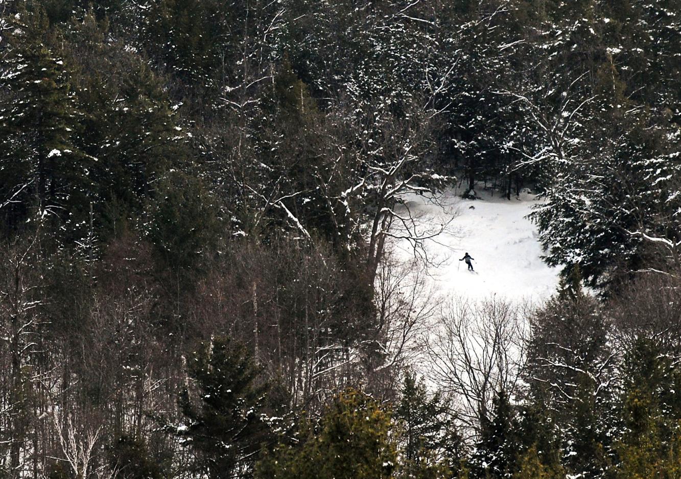 skier at hickory ski area, framed by trees