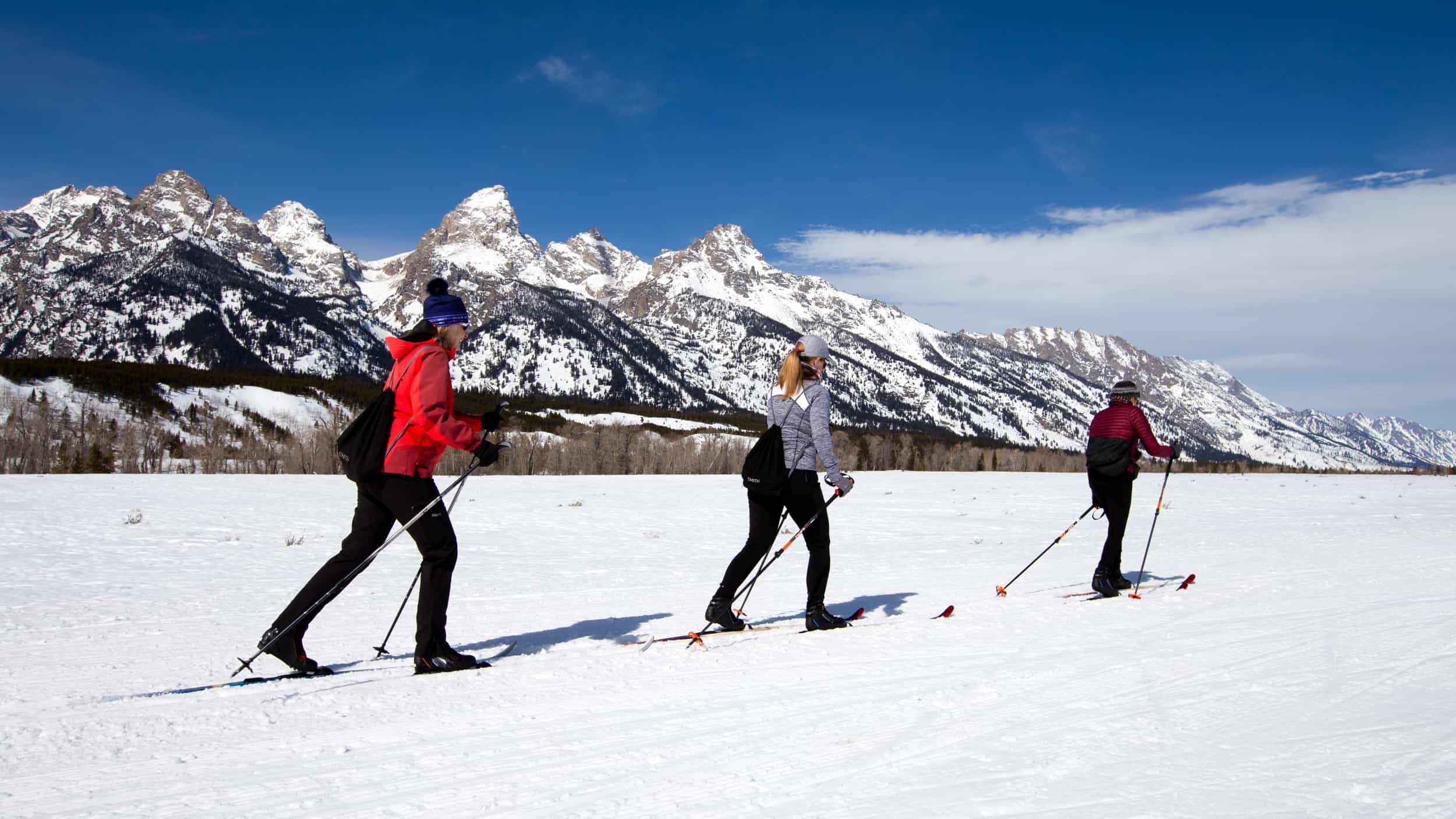 cross country skiers on snowy trail in Grand Teton National Park Wyoming