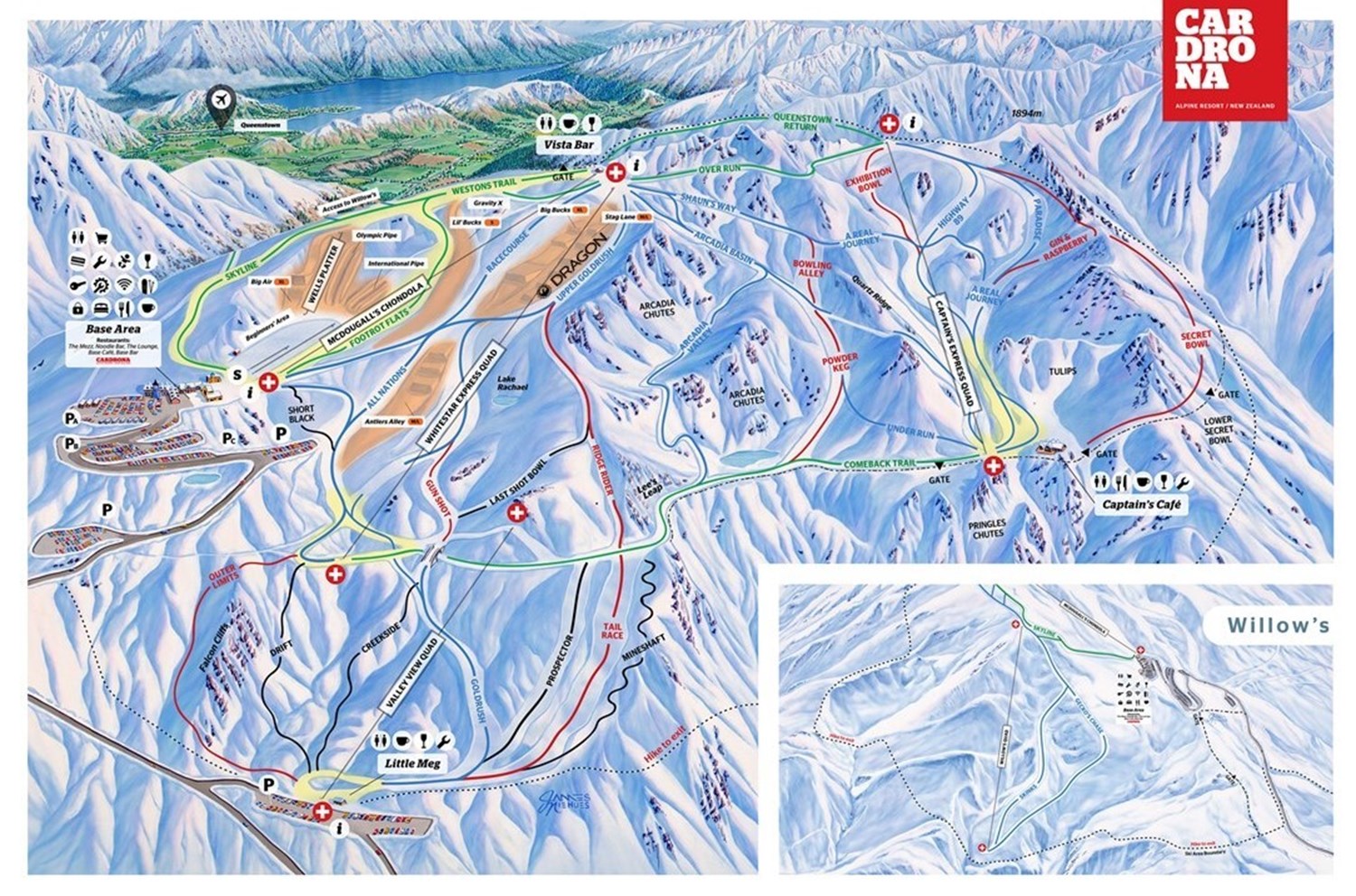 Mapa da trilha da área de esqui de Cardrona. Crédito da foto: Área de esqui de Cardrona