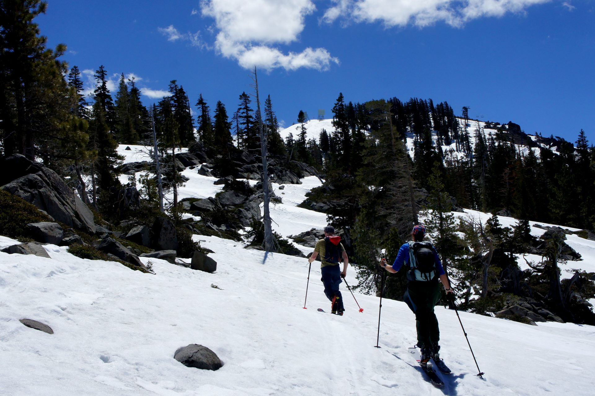 two skiers skinning uphill towards mount judah