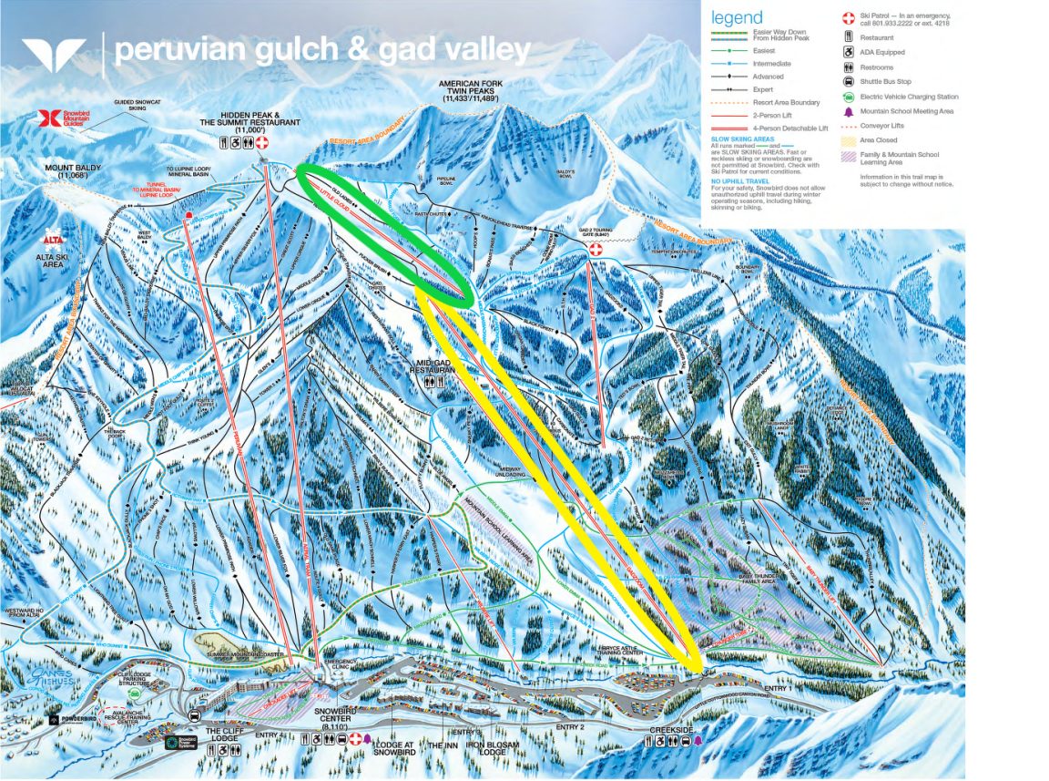 The Little Cloud Lift is highlighted green and the Gadzoom lift yellow. Photo Credit: Snowbird