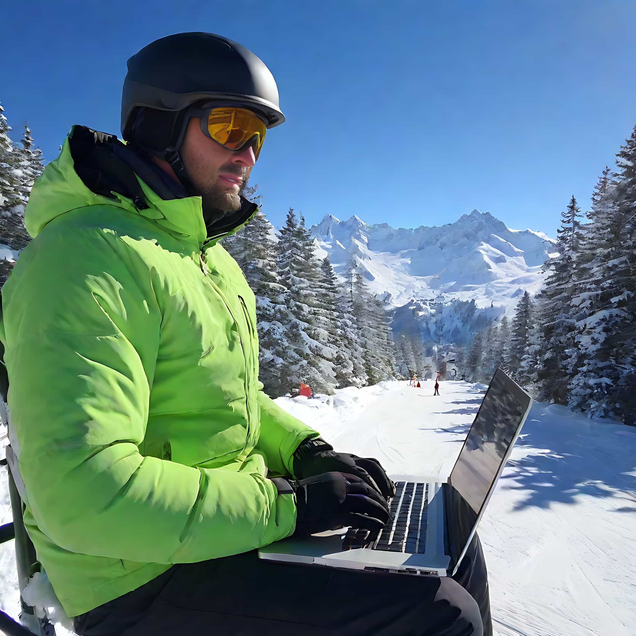 worker using laptop while on a ski chairlift