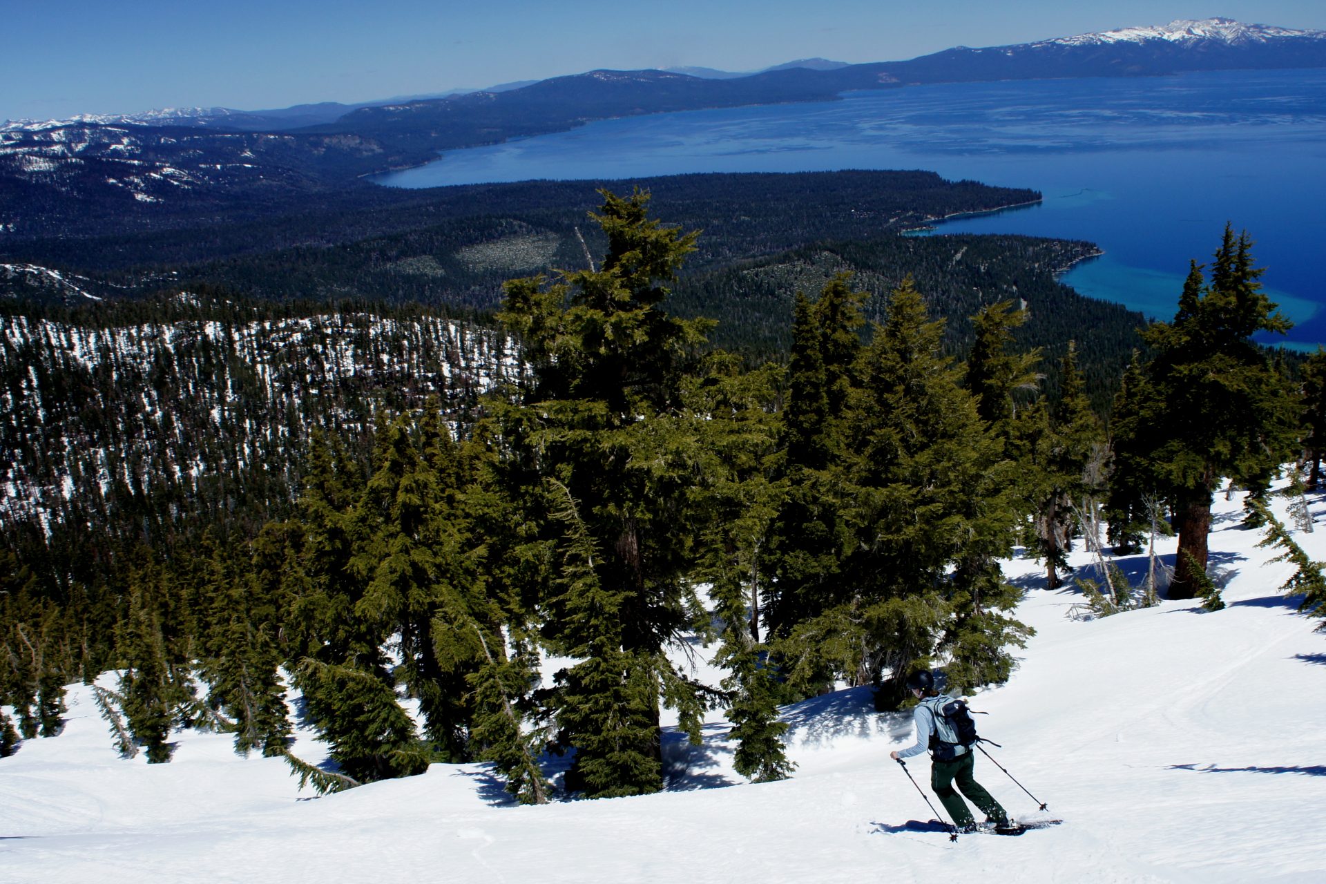skier in open glade with views of lake Tahoe in the background