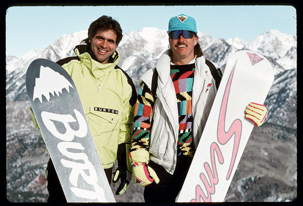 Jake Burton Carpentor and Tom Sims race to become the leader in Snowboarding. Photo Credit: Whitelines Snowboarding