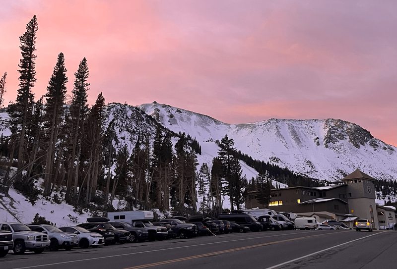 Sunrise over the Mammoth Main Lodge parking lot