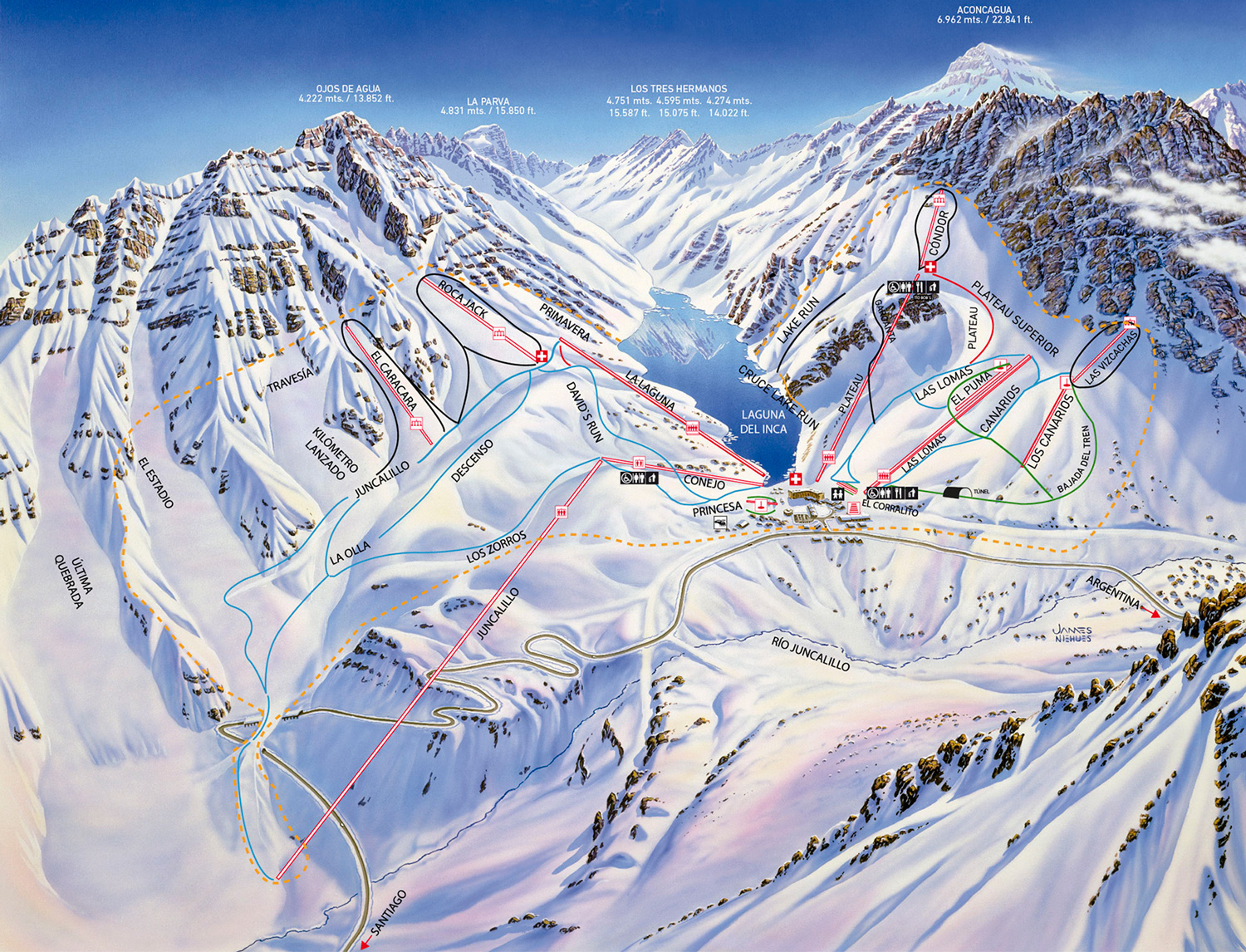 Mapa de rutas de esquí portillo.  Crédito de la foto: Esquí Portillo.