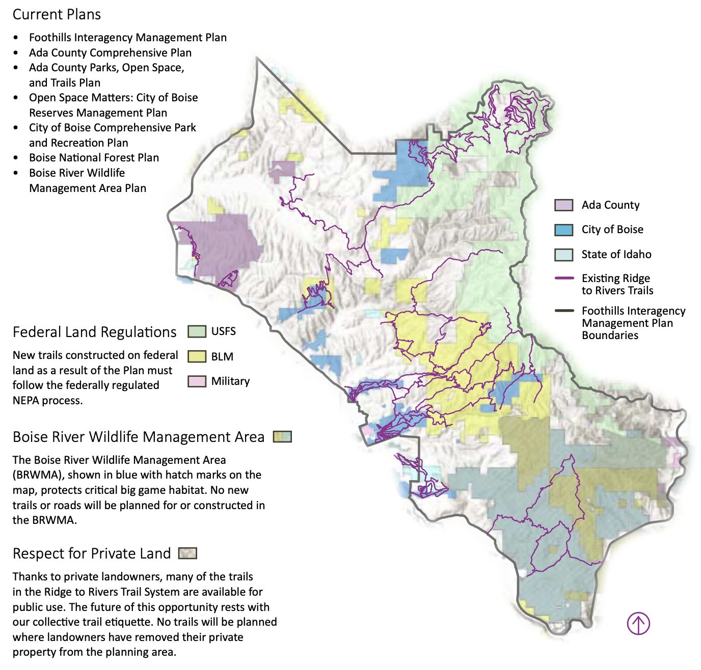 map of ridge to rivers trail system showing a patchwork of land ownership and management responsibility