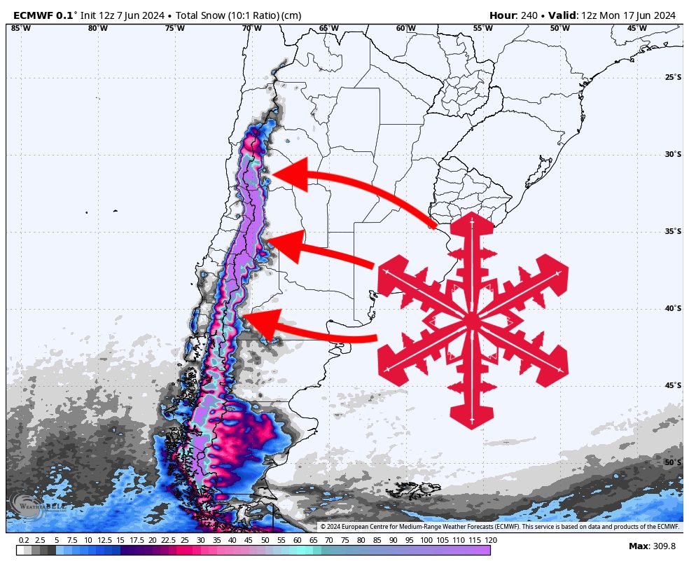 Pronóstico de SnowBrains: Gran tormenta para Sudamérica esta semana: 10 pies posibles