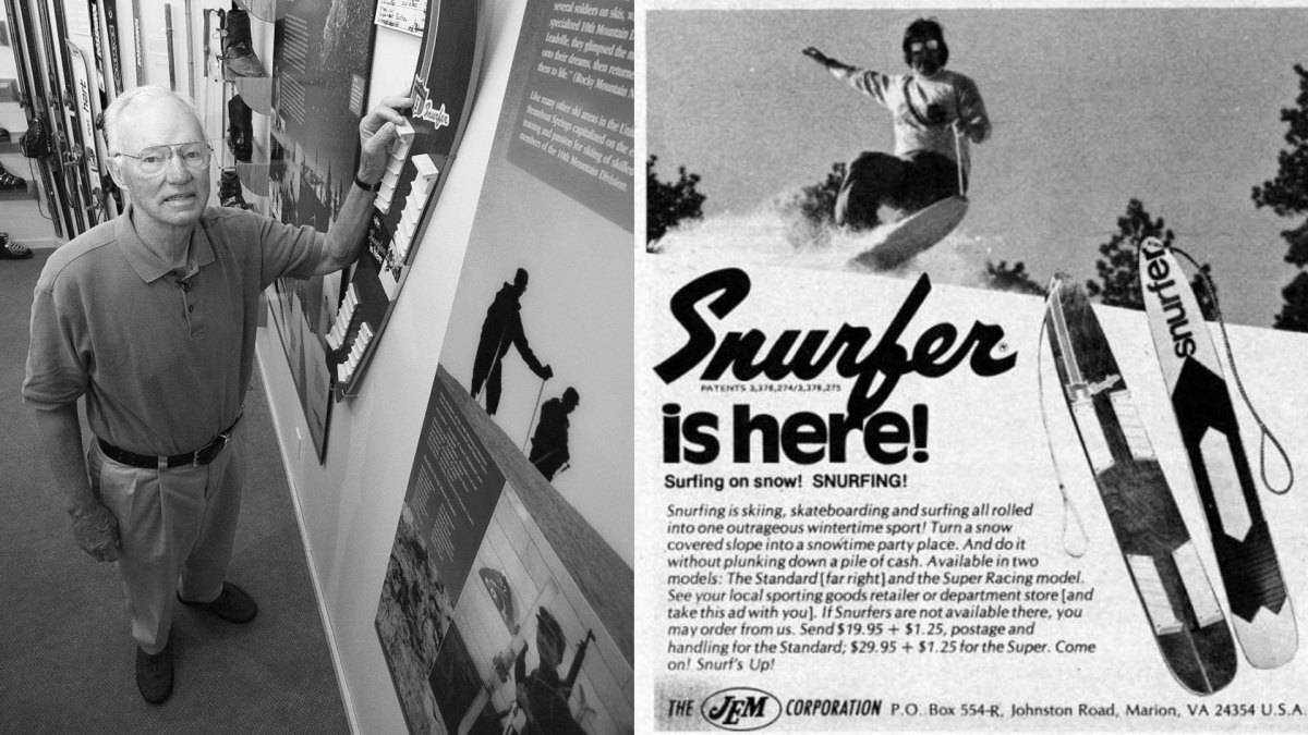 Sherman Poppen and one of the original snurfers. Photo Credit: SNOWBOARDER Magazine