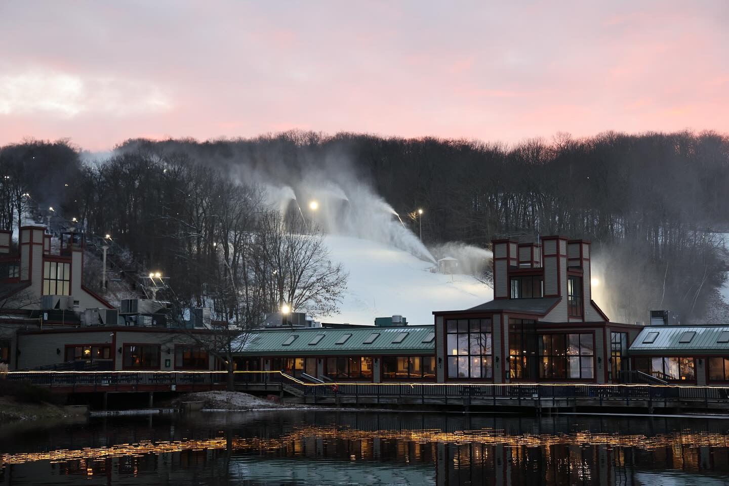 Machines making artificial snow at Wachusett Mountain to supplement natural snowfall
