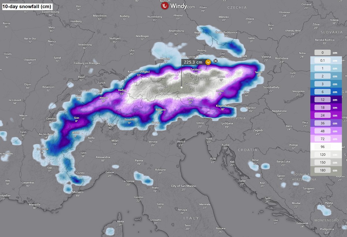 The 10-day snow totals forecasted in the Alps. Photo Credit: Severe Weather Europe