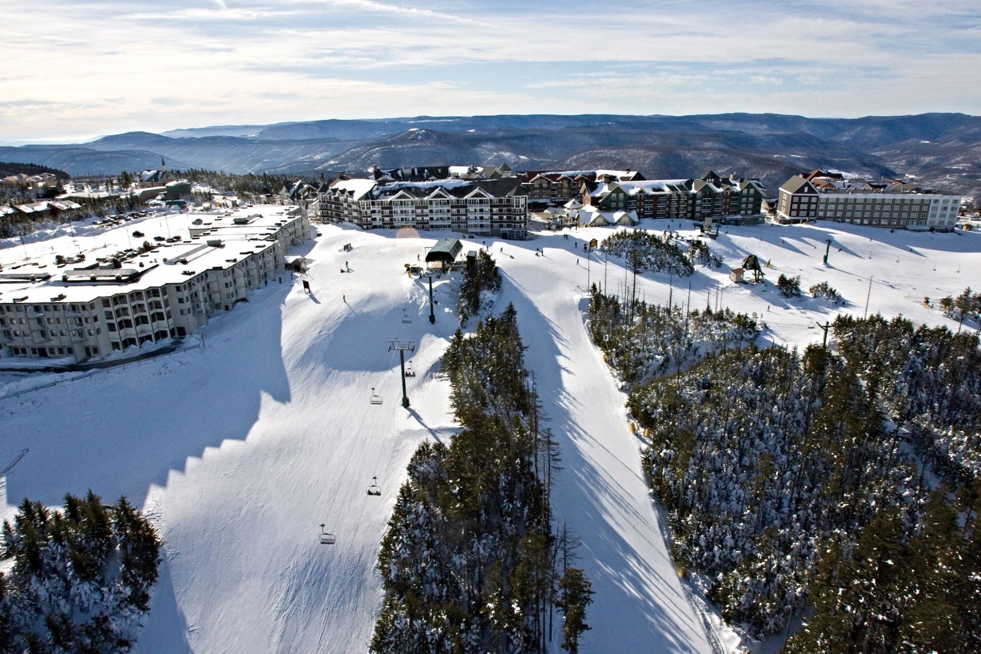 Ariel view of snowshoe mountain slopes