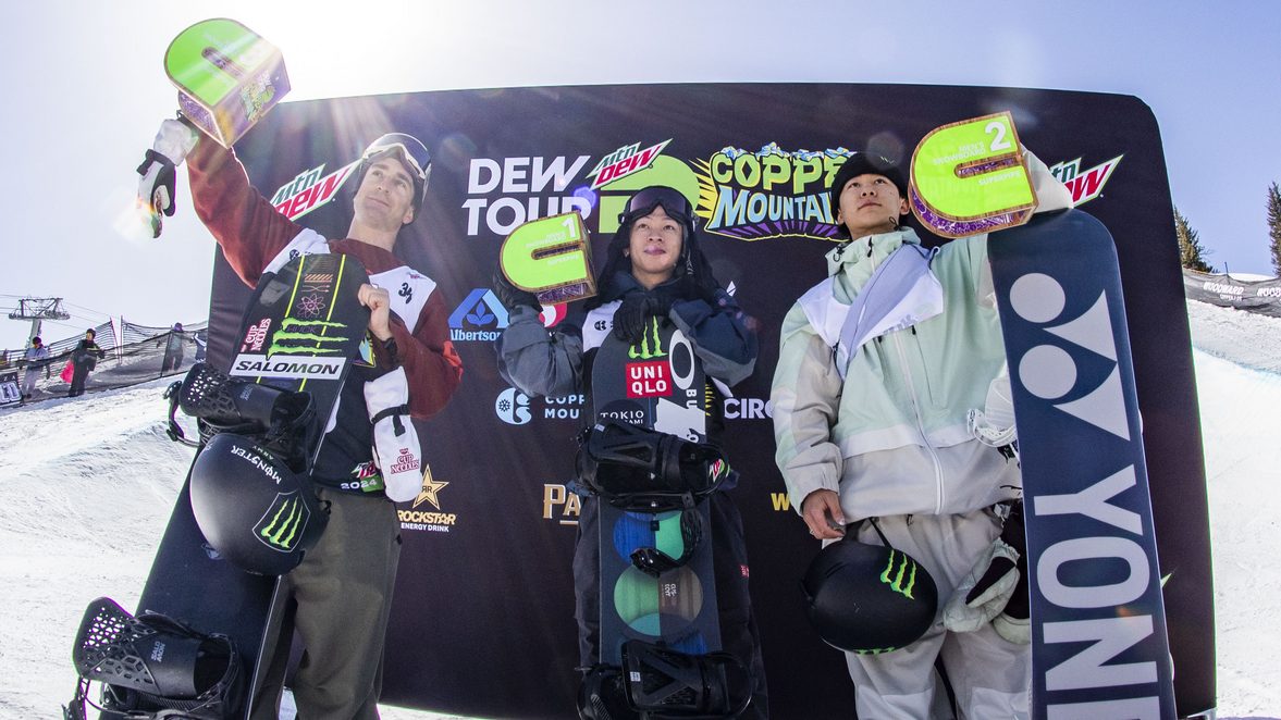 Ayumu Hirano (center), won the men's snowboard superpipe in back-to-back years in 2023 and 2024. Photo Credit: Monster Energy