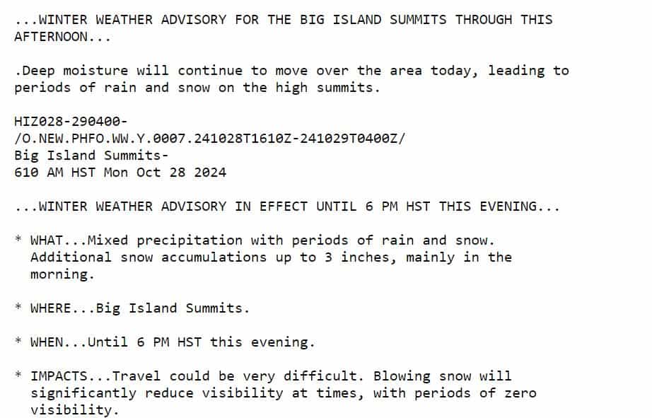 snow and winter weather advisory for Hawaii