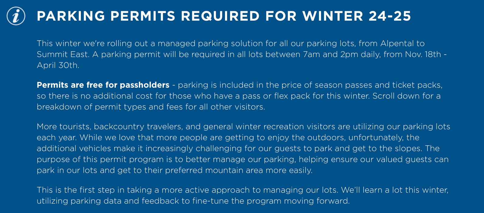 Official statement from Summit at Snoqualmie about paid parking. 