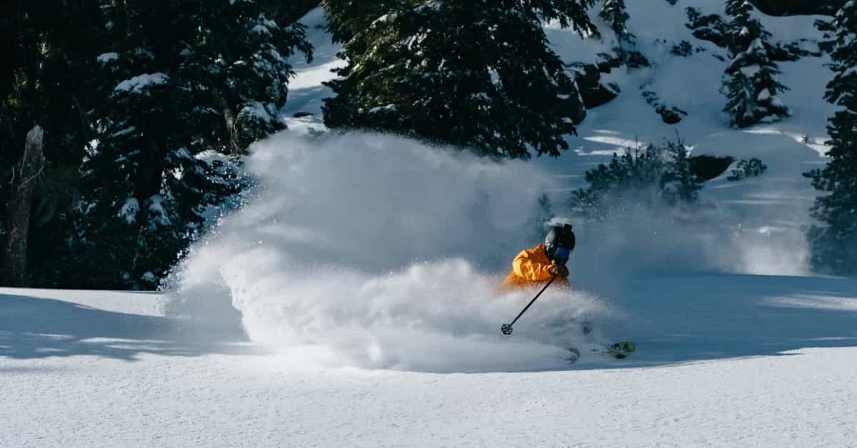 Skier in deep snow at Mammoth Mountain