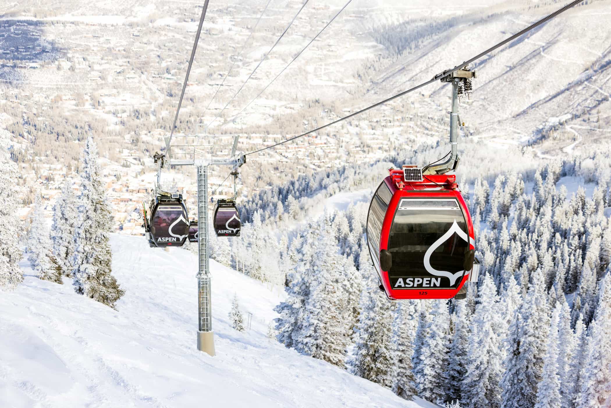 gondola at Aspen Snowmass above a snowy mountain and trees