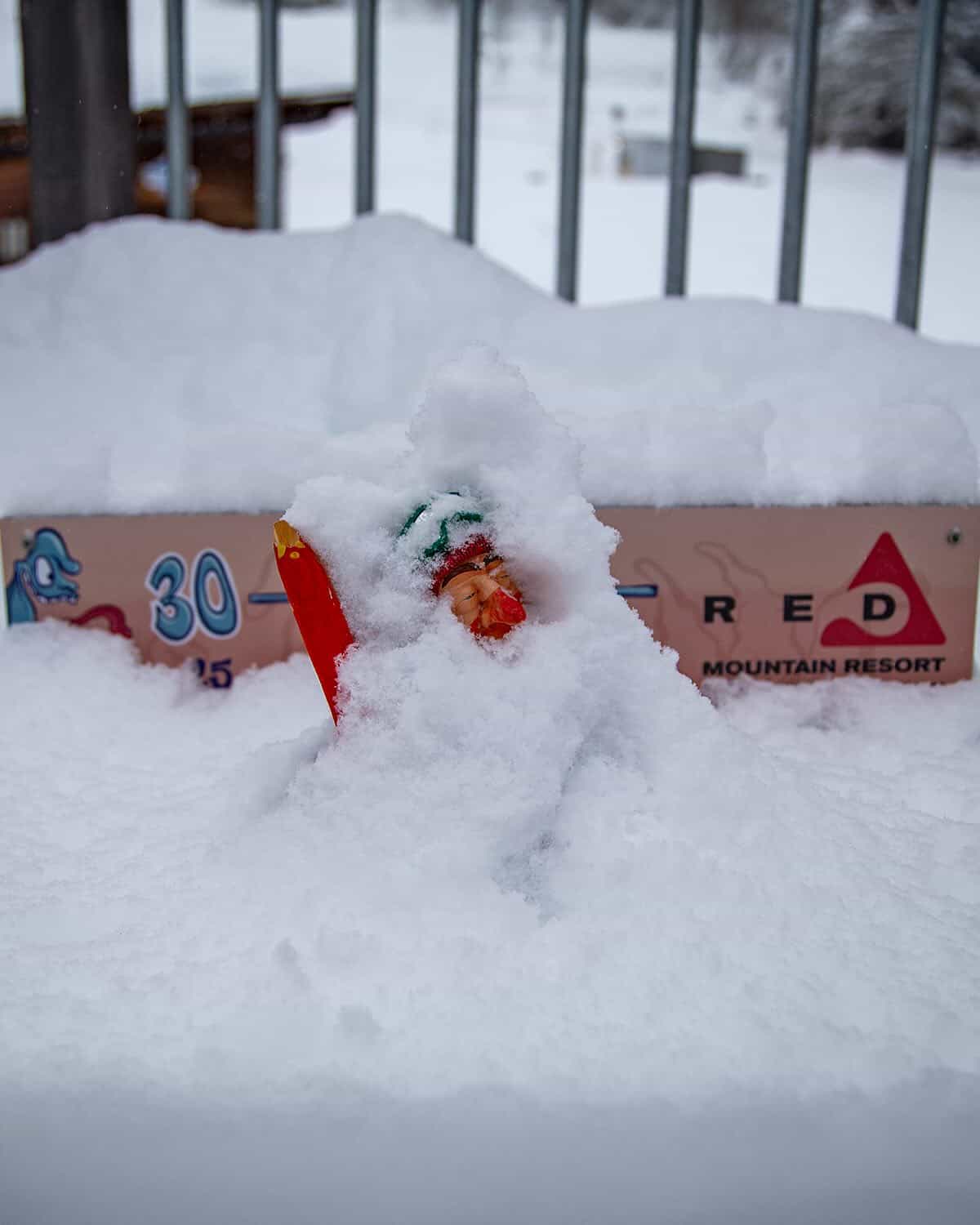 RED Mountain Resort snow stake buried under deep snow