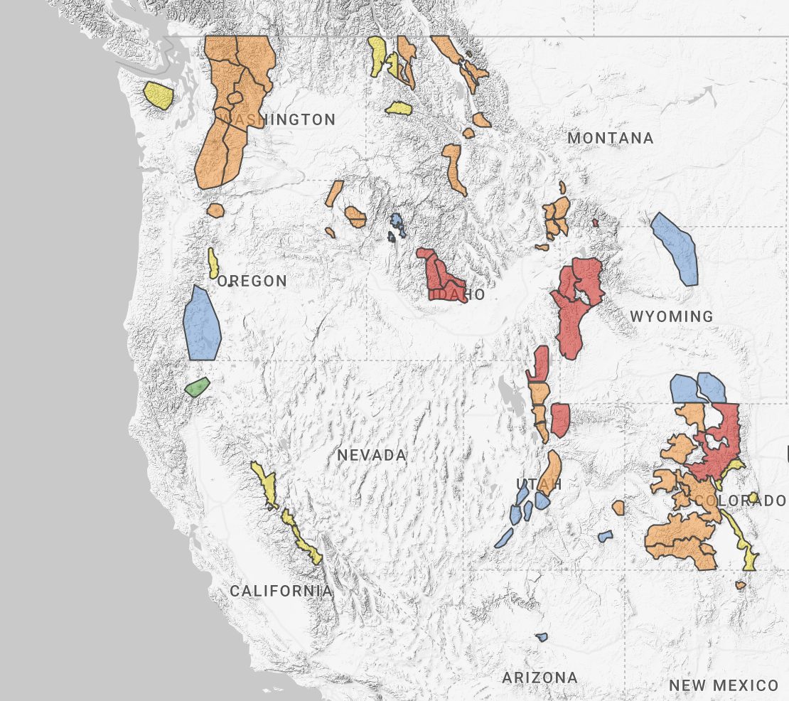 map showing locations of avalanche centers in the western united states