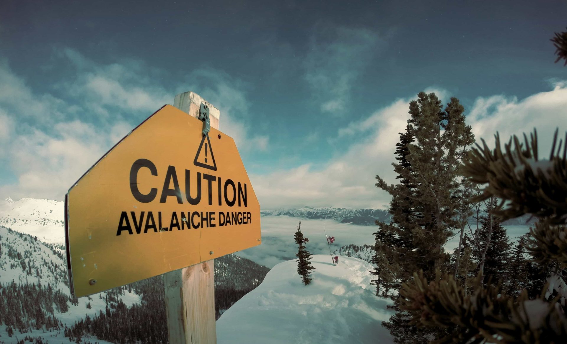 avalanche warning sign at kickng horse mountain resort in canada