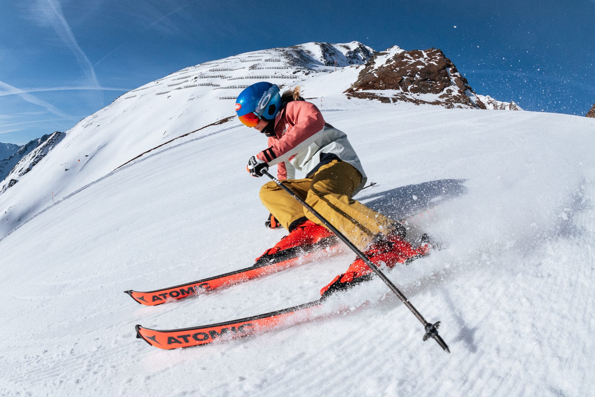 Mikaela Shiffrin skiing on her Atomic skis, wearing her Stella McCartney/adidas Terrex collab