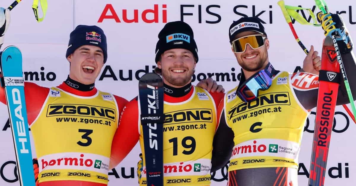 The Downhill podium at Bormio: Monney 1st, Von Allmen 2nd, Alexander 3rd. | Image: FIS Ski Alpine