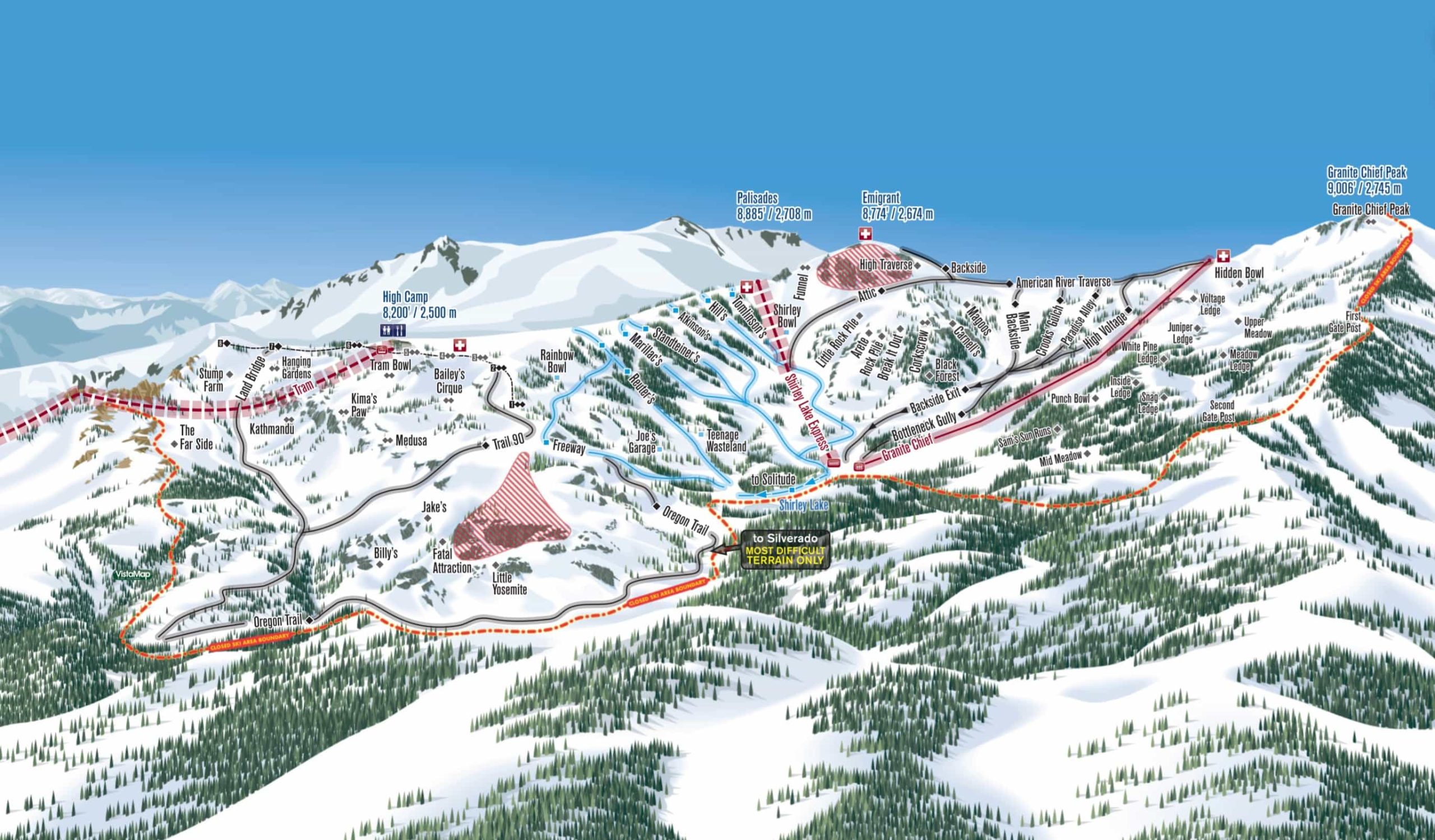 Olympic Valley backside trail map, featuring Granite Chief at Palisades Tahoe