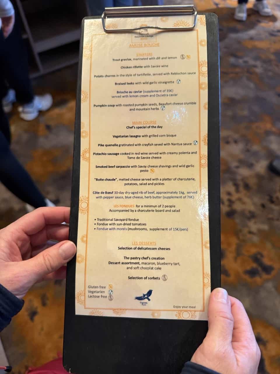 à la carte menu at club med tignes