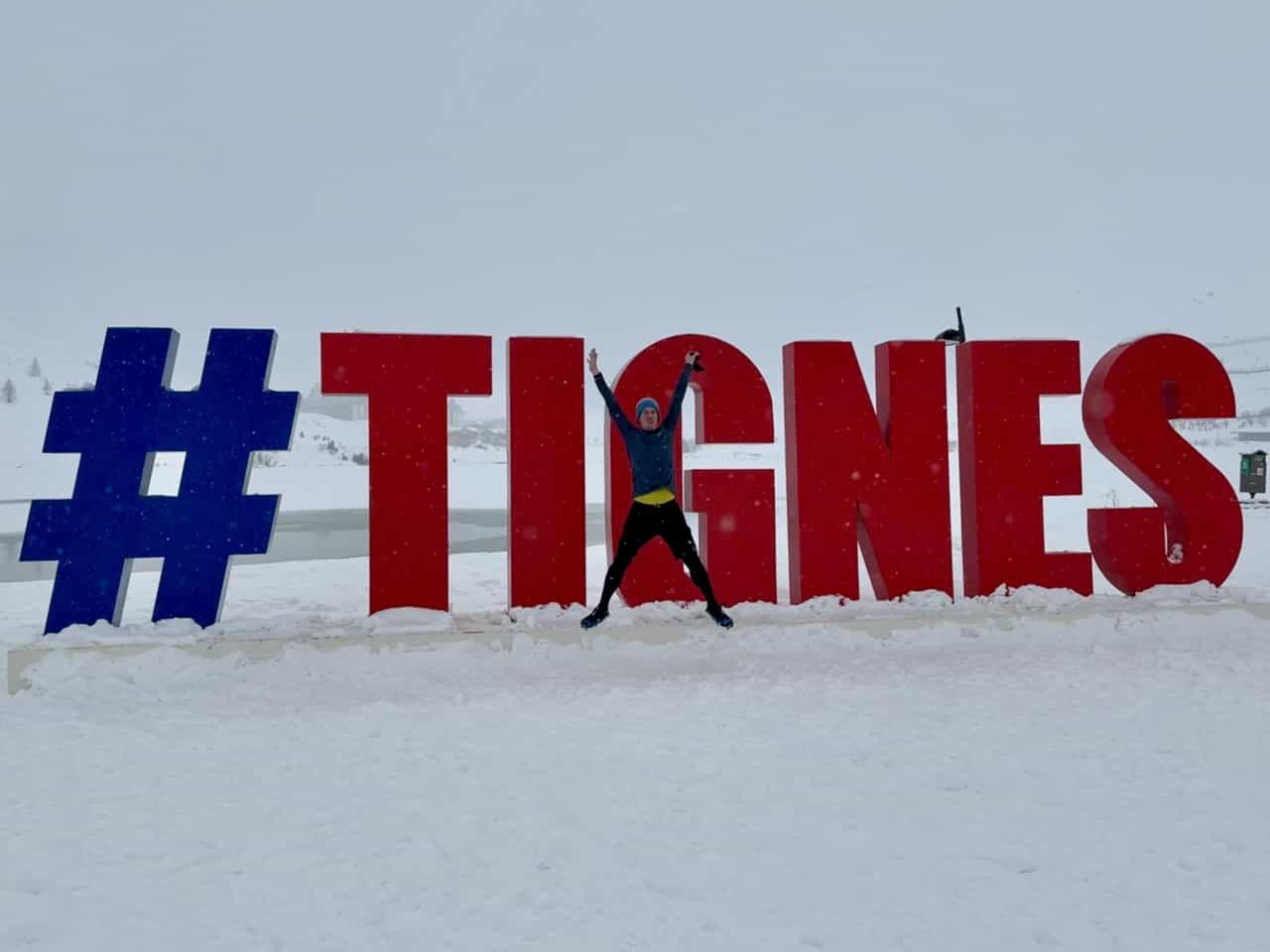 Tignes sign in the snow