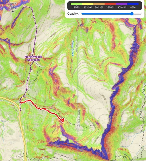 Enlarged view of the area showing the typical approach to Breccia and the group's track in red