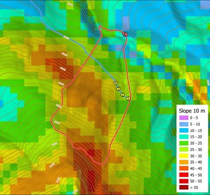 Note the increased amount of orange and red terrain in the higher resolution terrain modelbelow. 