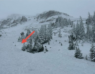 Figure 5 A photo taken after the incidentshowing the group's tracks into the avalanche path. The flank wall of the avalanche is visible on the left edge of the picture. Skier 3 and 4 escaped the flow at the red arrow.