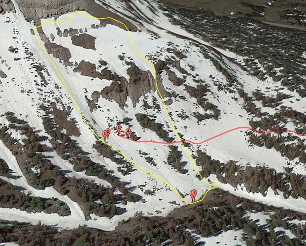 A view of the group's position relative to the steep, rocky terrain above. Photo Credit: Bridger-Teton Avalanche Center