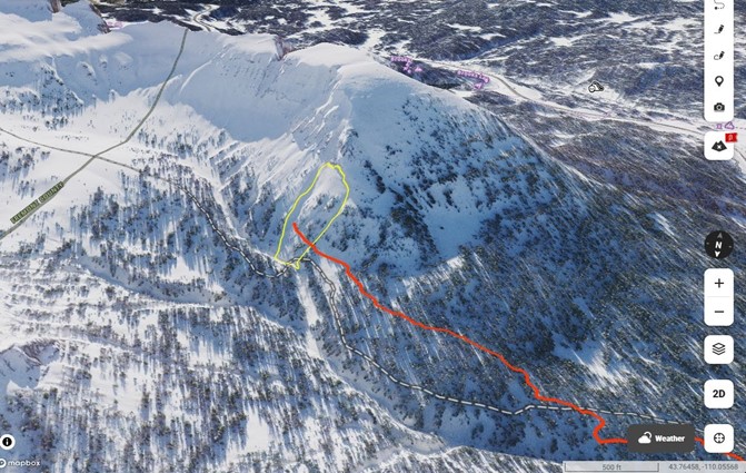 Looking southeast at the group’s track. Photo Credit: Bridger-Teton Avalanche Center