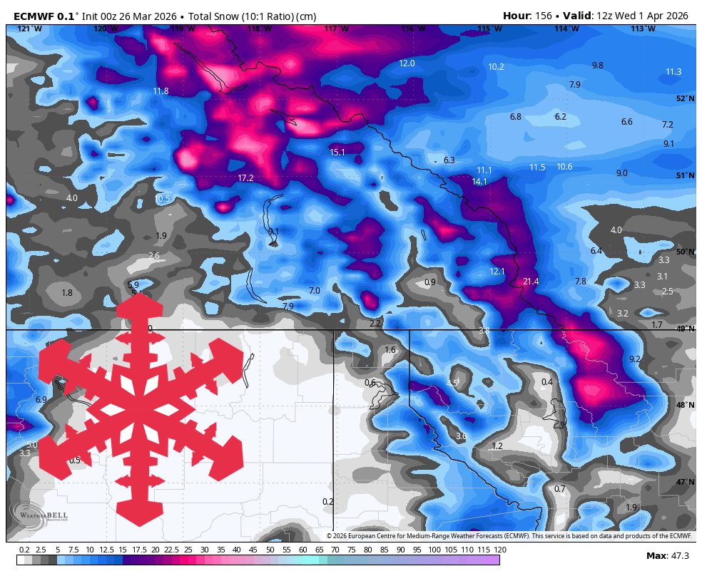 SnowBrains Forecast: Quiet Start, Then 10-30 cm for BC/Alberta March 29-April 1 - SnowBrains